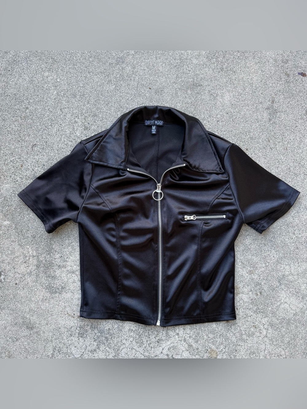 Current mood black emo rocker dollskill satin-finish crop top collared full zip